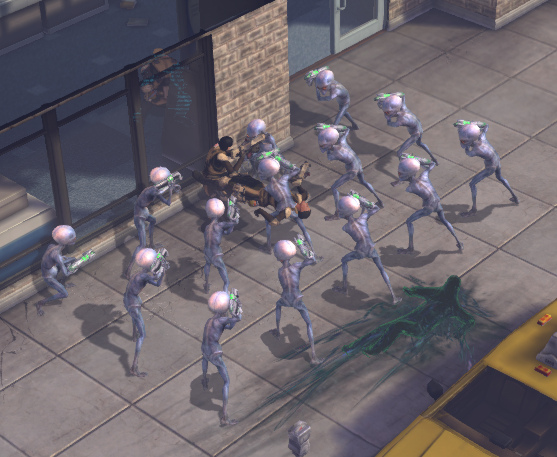 A soldier is ambushed by Sectoids spawned with keybound DropSectoid command.